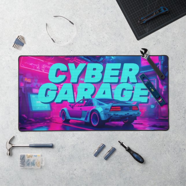 Alfrombrillas De Escritorio Neon Cyan Magenta Cyberpunk Garage Retro Car (Puesto de trabajo)