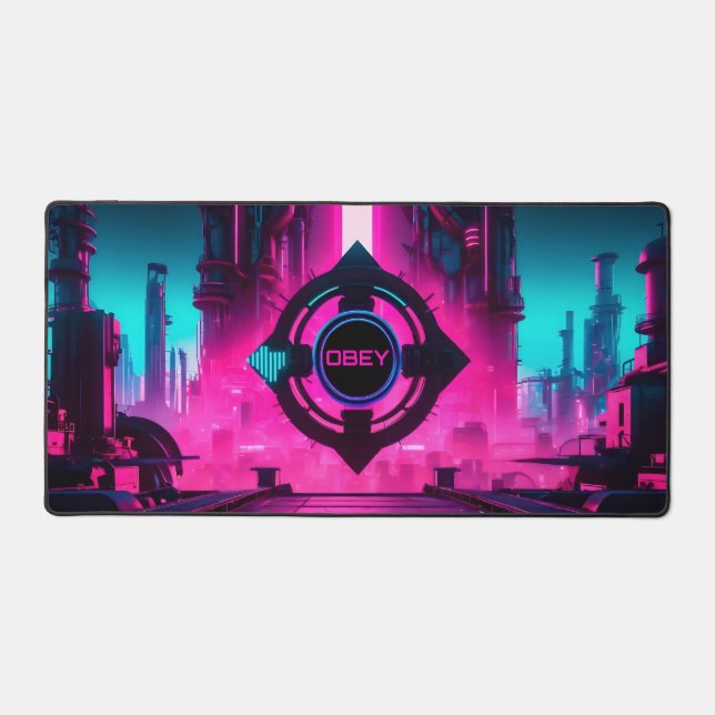 Alfrombrillas De Escritorio Neon Magenta Cyan Cyberpunk City Obey Gamer (Anverso)