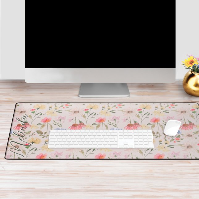 Alfrombrillas De Escritorio Nombre de guión personalizado de Flores silvestres (Watercolor Wildflowers Personalized Script Name Desk Mat)