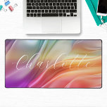 Alfrombrillas De Escritorio Nombre personalizado de la ola abstracta colorida<br><div class="desc">Colorful Modern Abstract Wave Personalizada Caligrafía Script Name Desk Mat presenta un colorido y moderno patrón abstracto en color morado, rosa, naranja y verde con su nombre personalizado en un elegante y moderno guión de caligrafía. Perfecto regalo para la familia y amigos por cumpleaños, Navidades, Día de la Madre, abuelos,...</div>