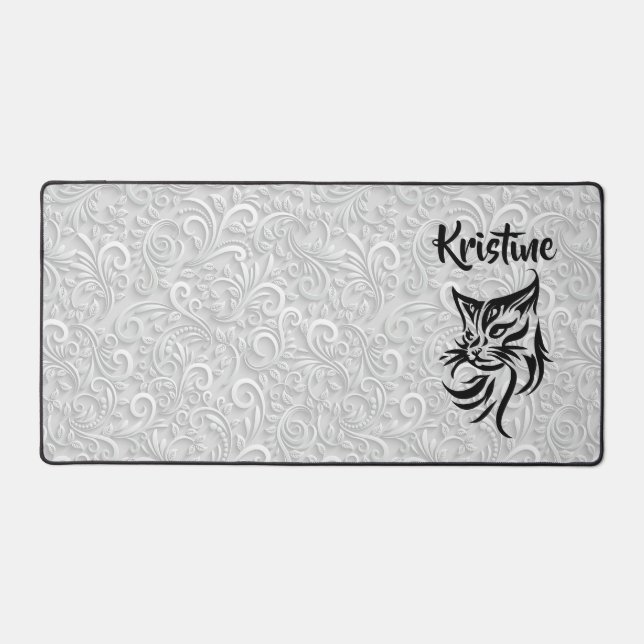 Alfrombrillas De Escritorio Nombre personalizado Floral Cat Escritorio Mat (Anverso)