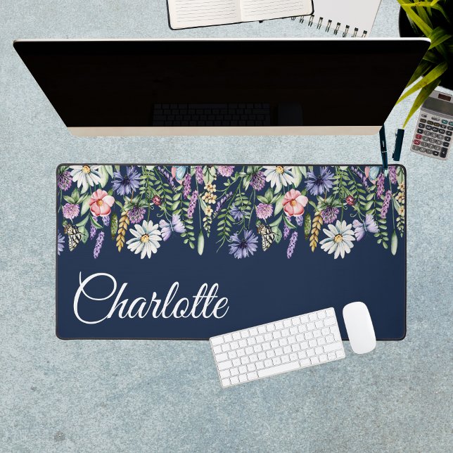 Alfrombrillas De Escritorio Nombre personalizado Flores salvajes Marina Azul (Personalized Name Wildflowers Navy Blue Desk Mat
)