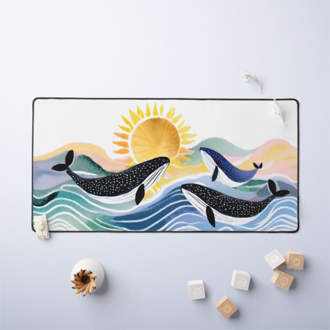 Alfrombrillas De Escritorio Olas azules y ballenas felices (Mesa para niños)