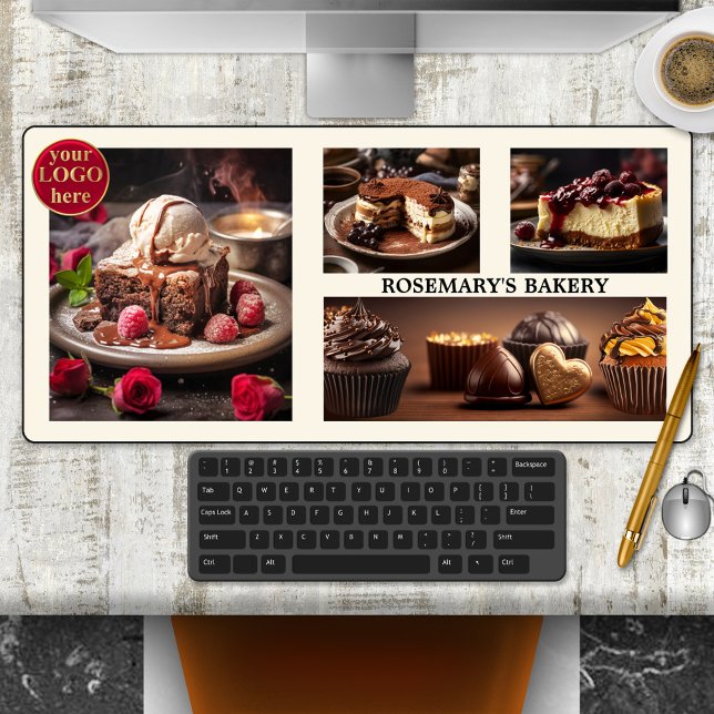 Alfrombrillas De Escritorio Pastel de chocolate con chocolate dulce de collage (Modern desk mat for a business with a logo template and 4 custom photos. Example shows sweet bakery.)