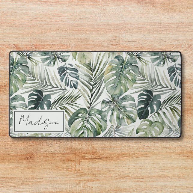 Alfrombrillas De Escritorio Patrón de hojas de selva tropical verde acuarela (In situ)