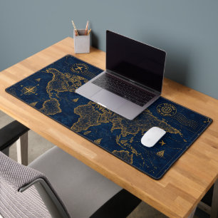 Alfrombrillas De Escritorio Patrón de mapa mundial vintage de oro y navy de lu