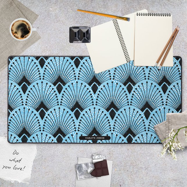 Alfrombrillas De Escritorio Patrón de pavo real estilo Gatsby azul Art Deco (Art Deco Blue Gatsby Style Peacock Pattern Desk Mat ©Susanne Sachers - Sunny Mind 🌞)