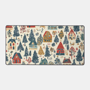 Alfrombrillas De Escritorio Patrón de pueblo navideño de bosque rojo naval