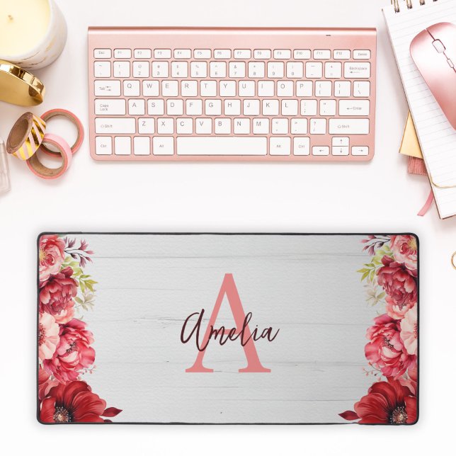 Alfrombrillas De Escritorio Personalizado Monogramed Eleged Flor Roja (Custom Monogrammed Elegant Red Flower Desk Mat
)