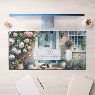 Alfrombrillas De Escritorio Porche floral Cottagecore con gato calico