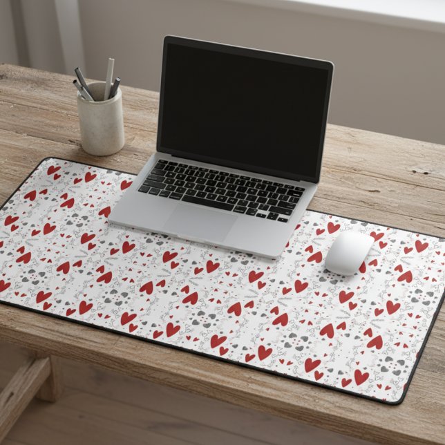 Alfrombrillas De Escritorio Red and Black Retro Hand Drawn Hearts Love  (red and black hand drawn hearts and doodles desk mat for home office work gift for daughter mom her)