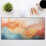 Alfrombrillas De Escritorio Resumen multicolor Ondas líquidas personalizadas<br><div class="desc">Presentamos nuestra alfombra de ondas líquidas Multicolor personalizada. Un conjunto abstracto de tonos naranja, crema y azul forma un patrón cautivador de ondas líquidas, creando una pantalla visualmente atractiva. Personalice esta pieza con su nombre para obtener una adición verdaderamente única a su área de trabajo. Los tonos relajantes se combinan...</div>