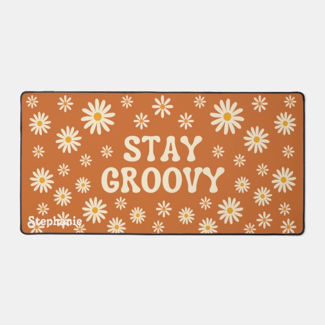 Alfrombrillas De Escritorio Retro Beige Daisies Stay Groovy Brown Script Name (Anverso)