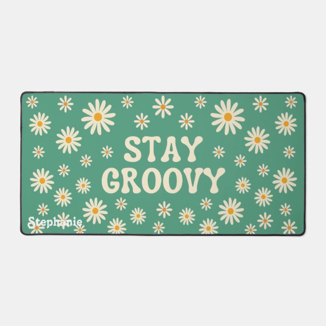 Alfrombrillas De Escritorio Retro Beige Daisies Stay Groovy Green Script Name (Anverso)
