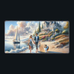 Alfrombrillas De Escritorio Romantic Coastal Cottage Sunset Stroll<br><div class="desc">This enchanting coastal scene captures a dreamy sunset stroll along a golden shoreline, where soft waves kiss the sand and warm light dances across the water. A stylish couple walks hand in hand beside a fluffy companion, their silhouettes glowing against a pastel sky brushed with blush, apricot, and powder blue...</div>