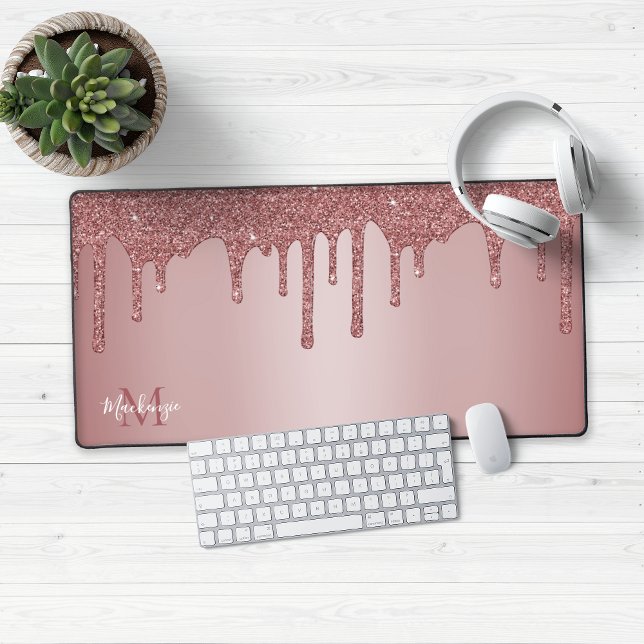 Alfrombrillas De Escritorio Rosa Girly Gold Sparkle Purpurinas Dris Monograma (Rose Gold Glitter Drips Desk Mat Mouse Pad)