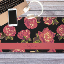 Rosas Corales Vintage Floral Nombre Editable Negro