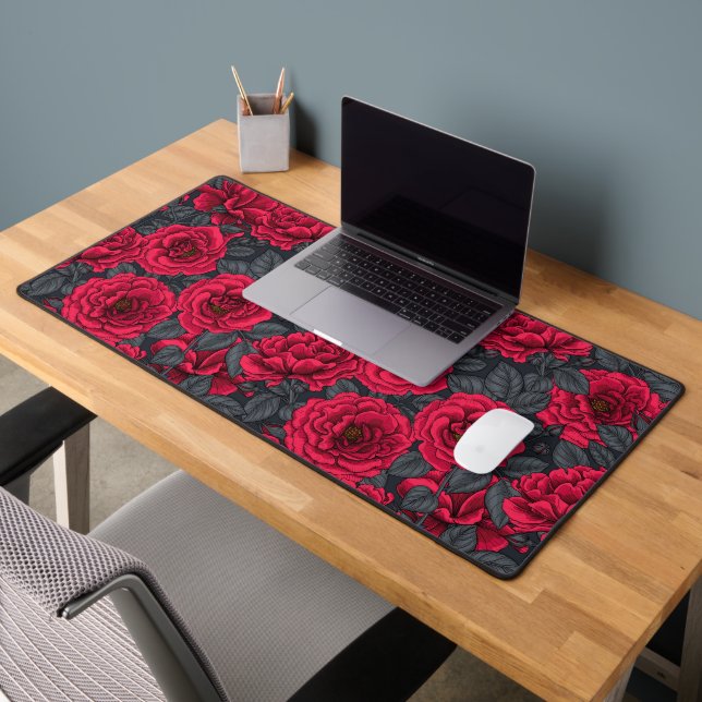 Alfrombrillas De Escritorio Rosas rojas con hojas grises en negro (Oficina 2)