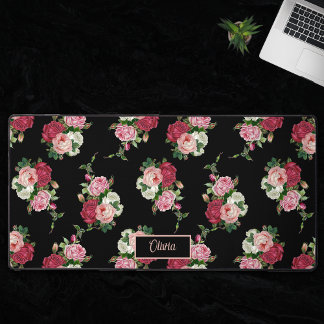 Alfrombrillas De Escritorio Roses rosadas vintage con fondo de nombre-negro