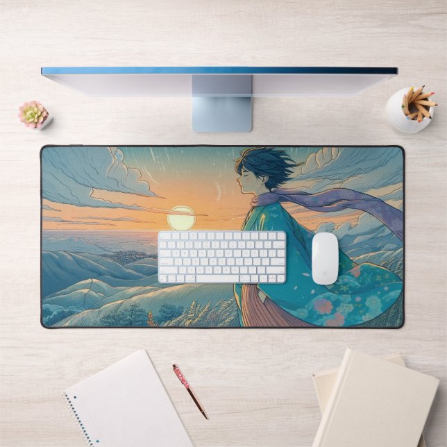 Alfrombrillas De Escritorio Serene Anime Boy Desk Mat | Vista oceánica en la c (Oficina 1)