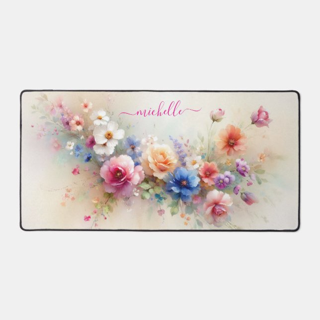 Alfrombrillas De Escritorio Stylish Aquarell Flowers Custom Name Monogram (Anverso)