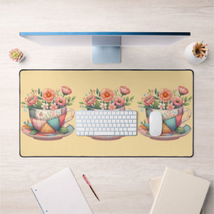 Alfrombrillas De Escritorio Taza de té de patchwork con flores caprichosas