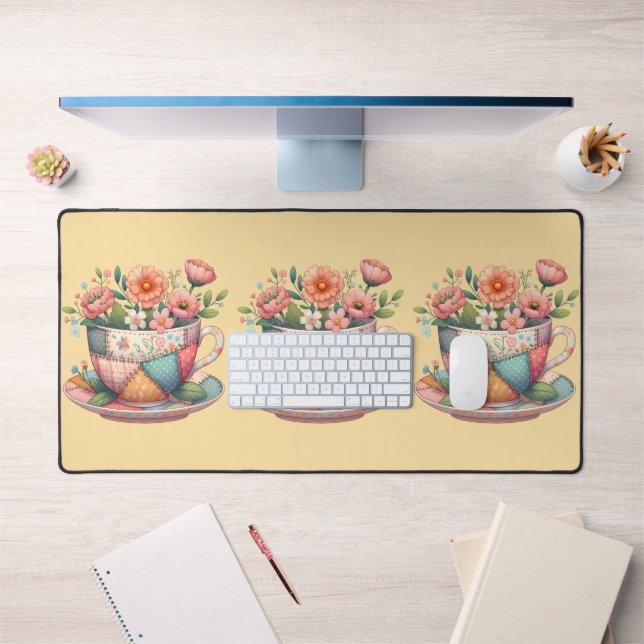 Alfrombrillas De Escritorio Taza de té de patchwork con flores caprichosas (Oficina 1)