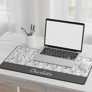 Alfrombrillas De Escritorio Toile Floral Blanco y Negro con Nombre Personaliza