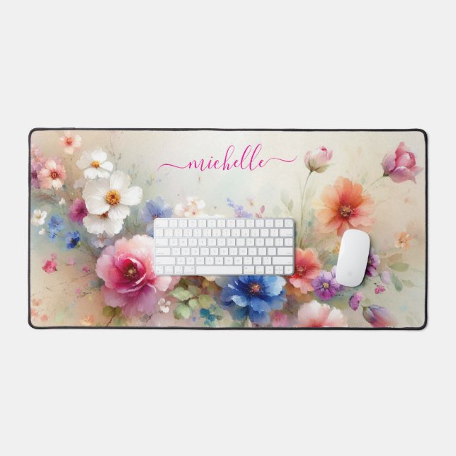 Alfrombrillas De Escritorio Trendy Stylish Aquarell Flowers Custom Name (Teclado y ratón)