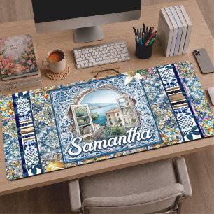Alfrombrillas De Escritorio Vibrante Monograma Floral Italiano de Azulejos Cít