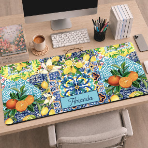 Alfrombrillas De Escritorio Vibrantes baldosas florales de cítrico azul sicili