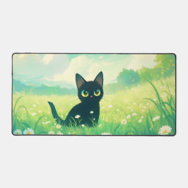 Alfrombrillas De Escritorio Whimsical Black Cat Yellow Eye Sunny Daisy Meadow