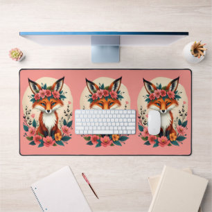Alfrombrillas De Escritorio Whimsical Boho Fox con florida corona de madera ro