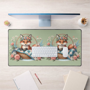 Alfrombrillas De Escritorio Zorro Floral en Cesta con Colcha y Flores