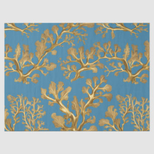 Algas marinas de oro en papel de tejidos azules Aq