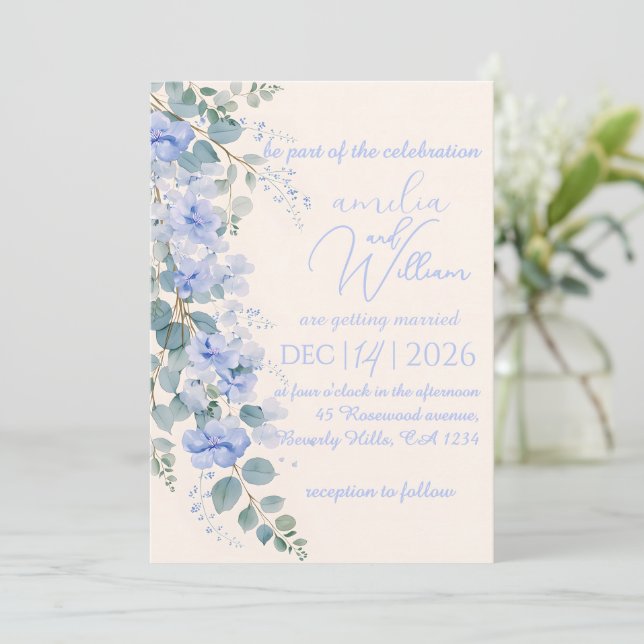 Algo Azul Invitación de Boda Floral Acuarela (Anverso de pie)