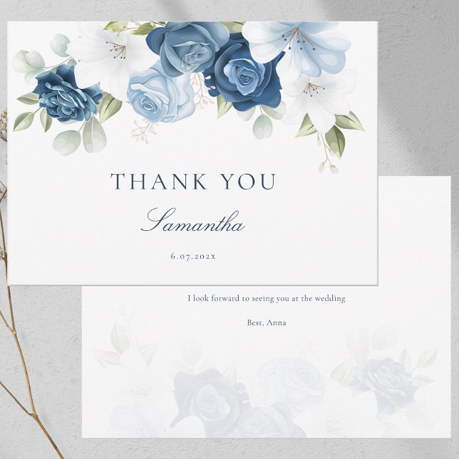 Algo Floral Azul Ducha De Novias Gracias Tarjeta (Something Blue Floral Bridal Shower Thank You Card)