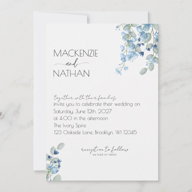 Algo Floral Azul Invitación a la boda moderna (Anverso)