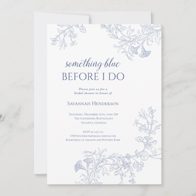Algo Floral Azul Invitación a la ducha de novia (Anverso)