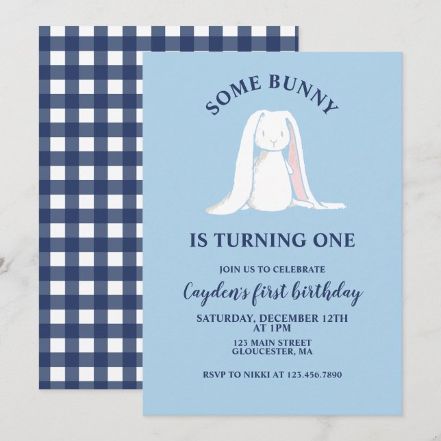 Algun conejo cumple un año Invitación azul de cump (Anverso / Reverso)