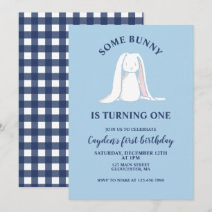 Algun conejo cumple un año Invitación azul de cump