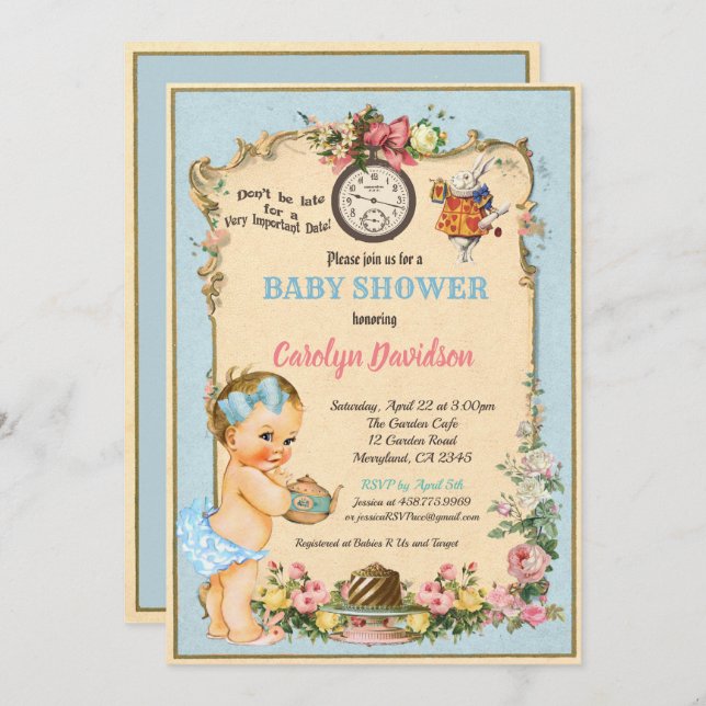 Alice in Wonderland Baby Shower Invitación rubia (Anverso / Reverso)