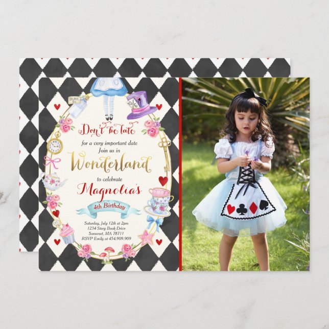Alice In Wonderland Birthday Invitación al Fiesta  (Anverso / Reverso)