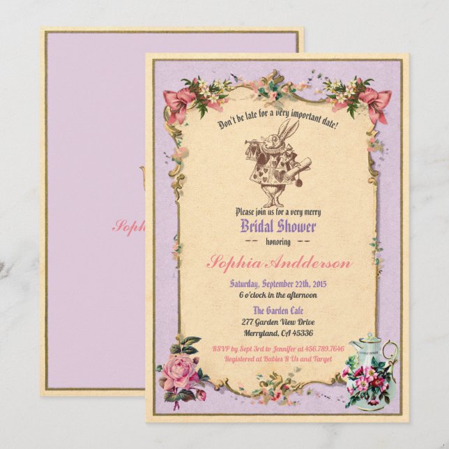 Alice in Wonderland novia ducha invitación lilac (Anverso / Reverso)