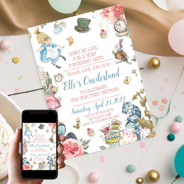 Alicia en el país de Onederland Primera invitación (Alice In Wonderland First Birthday Party Invitation)
