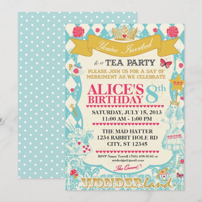 Alicia En Invitación A La Fiesta Del Té De Maravil (Anverso / Reverso)