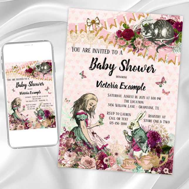 Alicia en invitaciones a bañarse en el país de las (Wonderland baby shower any occasion invitation. Instant download and printed invitations available.)