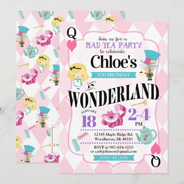 Alicia en invitaciones de cumpleaños en el país de (Anverso / Reverso)