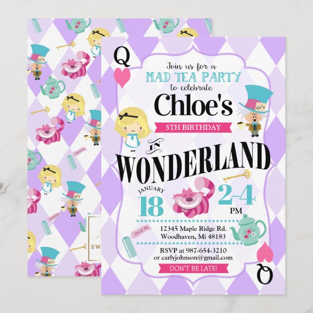 Alicia en invitaciones del cumpleaños del país de (Anverso / Reverso)