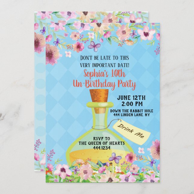 Alicia en la invitación a la fiesta de cumpleaños  (Anverso / Reverso)